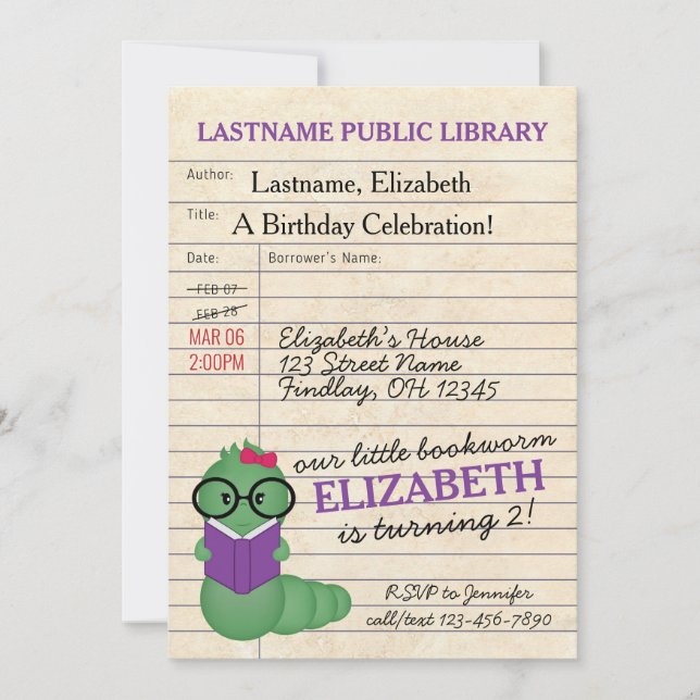 Invitation Fille Pink/Purple Bookworm fête d'anniversaire (Devant)