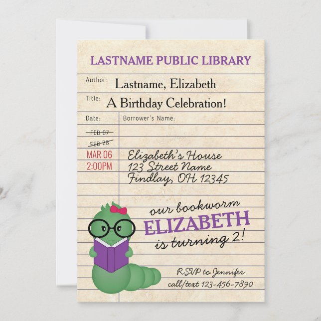 Invitation Fille Pink/Purple Bookworm fête d'anniversaire (Devant)