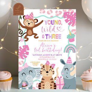 Invitation Fille Pink Safari Jeune Sauvage et Trois Anniversa