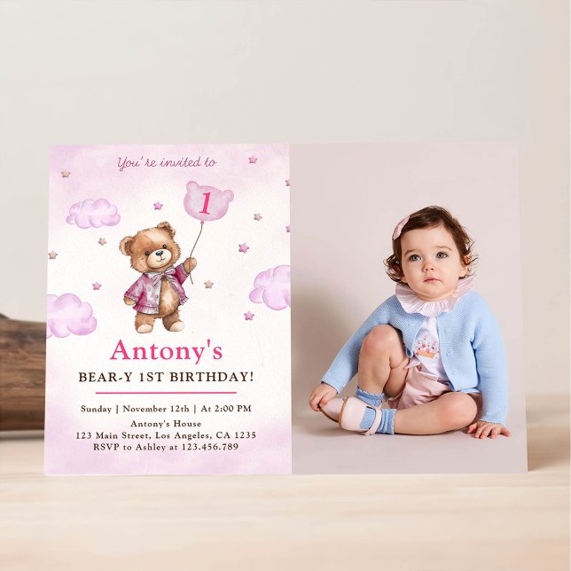 Invitation Fille Pink Teddy Bear Balloons premier anniversair (Créateur téléchargé)