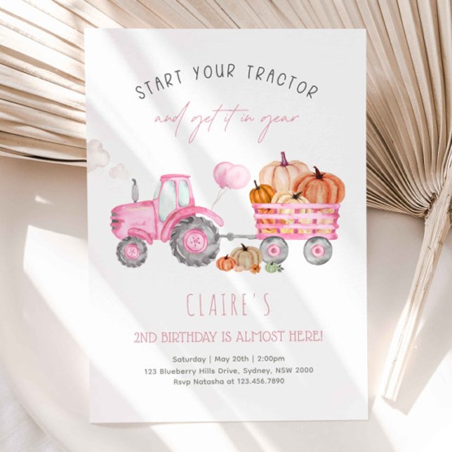 Invitation Fille Pink Tractor & Citrouille fête d'anniversair (Créateur téléchargé)