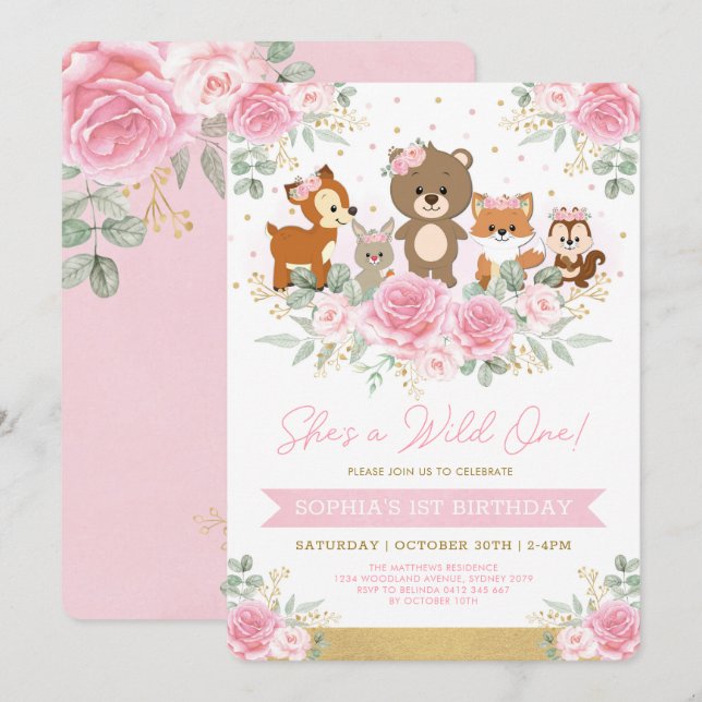 Invitation Fille Pink Woodland Floral Wild Un premier anniver (Devant / Derrière)