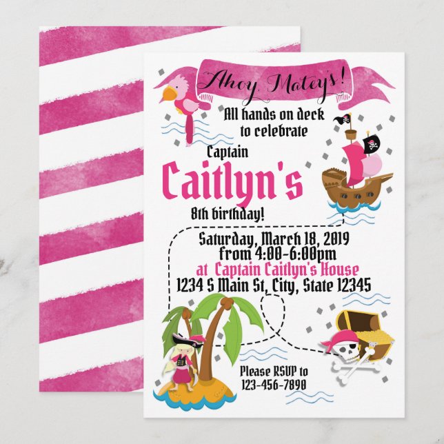 Invitation Fille Pirate Anniversaire (Devant / Derrière)