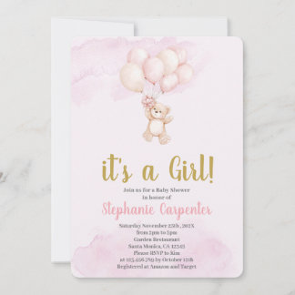 Invitation Fille pour Baby Shower Ours en peluche