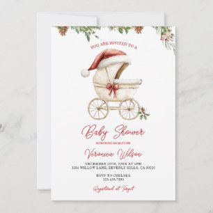 Invitation Fille poussette rouge de Noël Baby Shower 