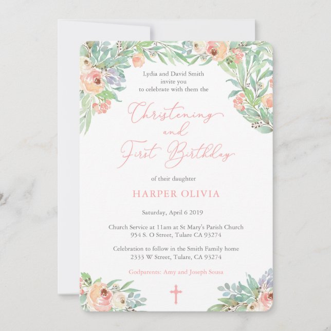 Invitation Fille premier anniversaire et baptême Printemps (Devant)