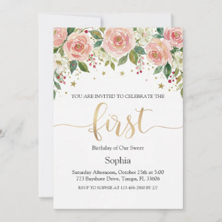 Invitation Fille premier anniversaire floral aquarelle rose