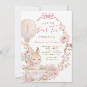 Invitation Fille premier anniversaire thé party lapin rose