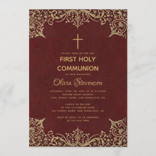 Invitation Fille Première Communion Élégante Bourgogne Or Vin