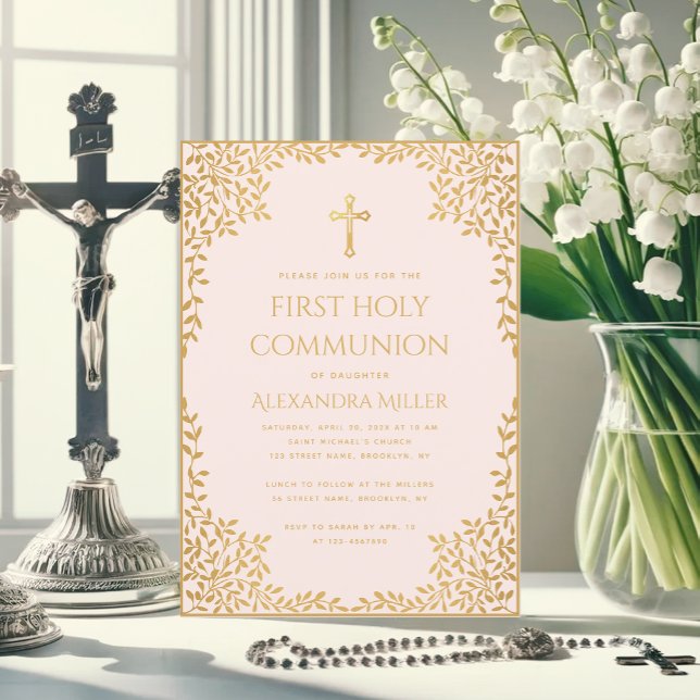 Invitation Fille Première Communion Faux Feuilles Dorées Rose (Créateur téléchargé)