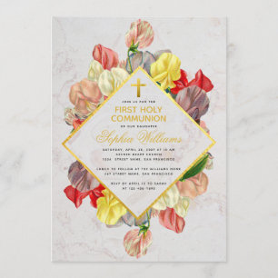 Invitation Fille Première Communion Marbre Or Pois doux Flora