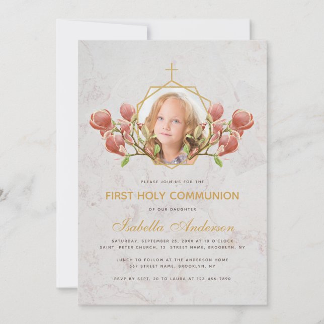 Invitation Fille Première Communion Photo Magnolia Rose Marbr (Devant)