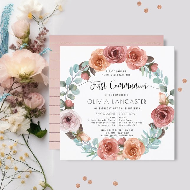 Invitation Fille Première Communion Rose Gold Blush Floral Wr (Créateur téléchargé)