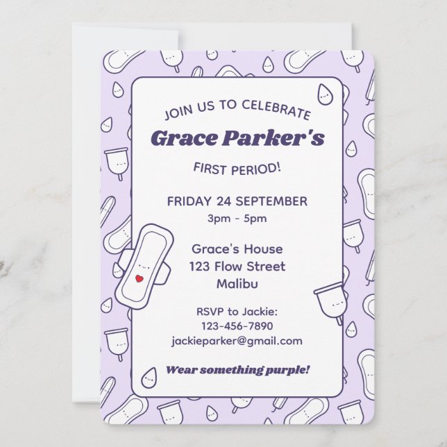 Invitation Fille Première Période Purple mignon Menstrual Pad (Devant)
