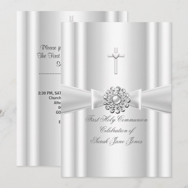 Invitation Fille première sainte communion Argent blanc (Devant / Derrière)