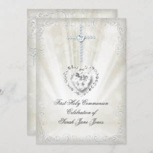 Invitation Fille Première Sainte Communion Beige Blanc Célest