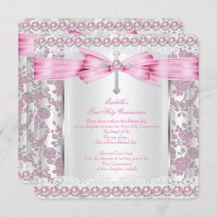 Invitation Fille première sainte communion Croix Damas rose a