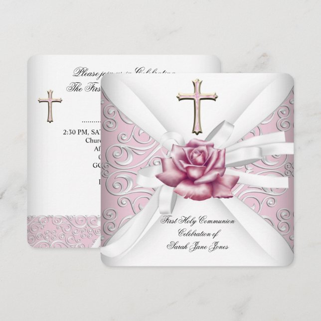 Invitation Fille Première Sainte Communion Damask Rose Rose R (Devant / Derrière)