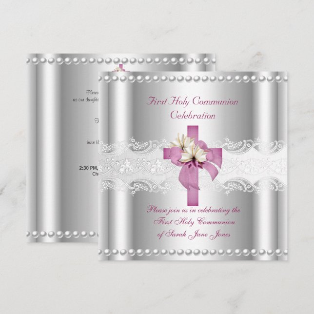 Invitation Fille Première Sainte Communion Dentelle Argent Pi (Devant / Derrière)