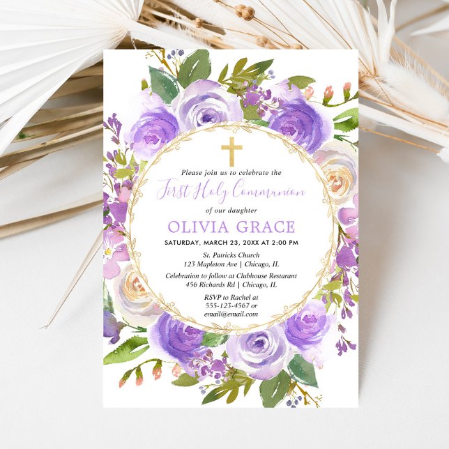 Invitation Fille Première Sainte Communion Floral Purple lava (Créateur téléchargé)