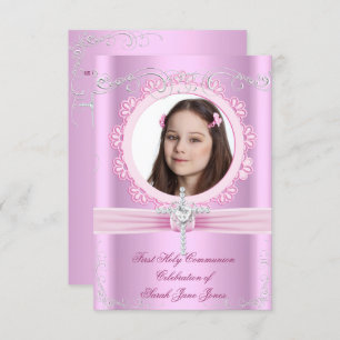 Invitation Fille première sainte communion jolie photo rose