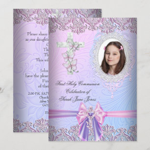Invitation Fille première sainte communion jolie photo rose