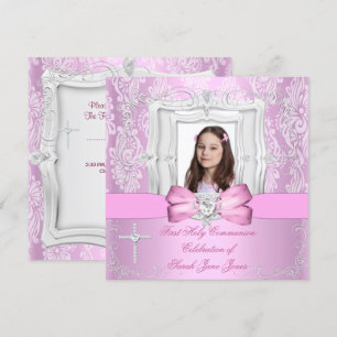 Invitation Fille première sainte communion jolie photo rose