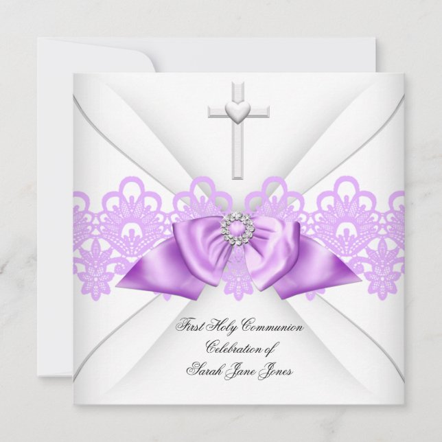 Invitation Fille première sainte communion Lilac dentelle bla (Devant)