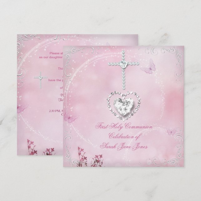 Invitation Fille première sainte communion Papillon rose blan (Devant / Derrière)