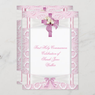 Invitation Fille Première Sainte Communion Pink Dentelle Bow 