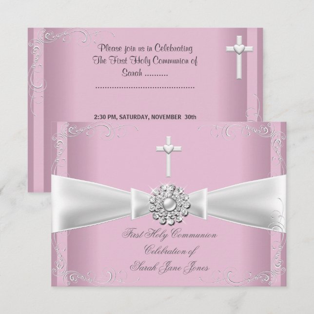 Invitation Fille première sainte communion rose argent blanc (Devant / Derrière)