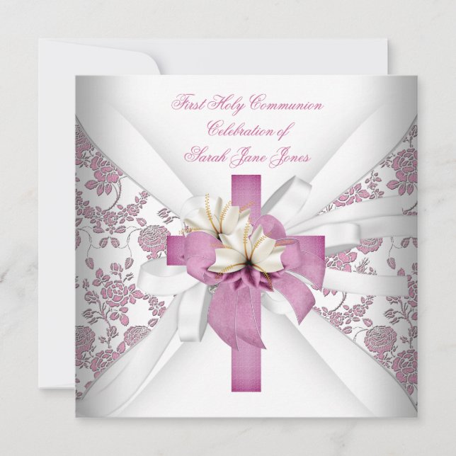 Invitation Fille première sainte communion rose blanc (Devant)