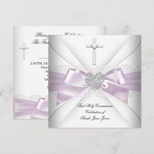 Invitation Fille première sainte communion rose blanc coeur d (Devant / Derrière)