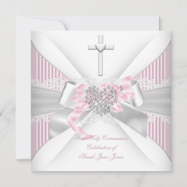 Invitation Fille première sainte communion rose blanc gris co (Devant)