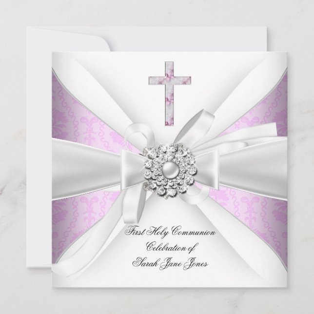 Invitation Fille Première Sainte Communion Rose Damas Blanc A (Devant)