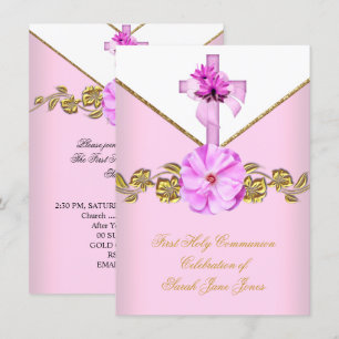 Invitation Fille Première Sainte Communion Rose Fleur Blanche