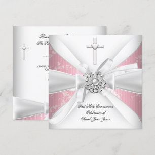 Invitation Fille première sainte communion rose fleurs blanch