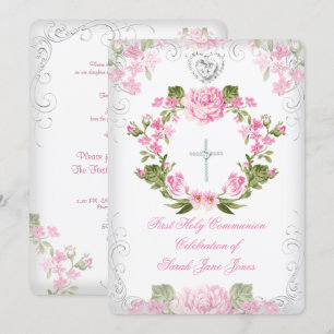 Invitation Fille Première Sainte Communion Rose Vintage Flora