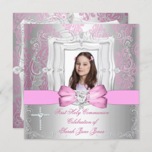 Invitation Fille Première Sainte Communion Silver Pink Photo