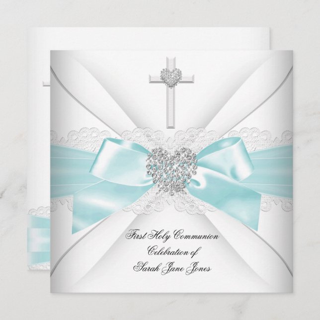 Invitation Fille première sainte communion Turquoise blanc co (Devant / Derrière)