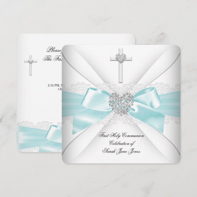Invitation Fille première sainte communion Turquoise blanc co (Devant / Derrière)