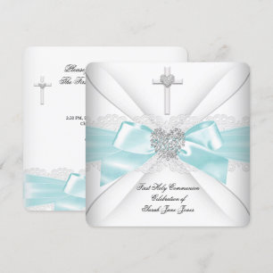 Invitation Fille première sainte communion Turquoise blanc co