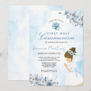 Invitation Fille priant la 1ère communion bleue florale croix