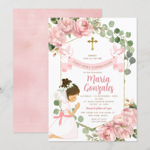 Invitation Fille priant la première sainte communion rose flo