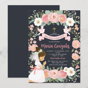 Invitation Fille priant la première sainte communion rose flo