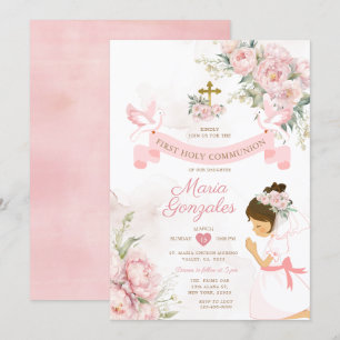 Invitation Fille priant la première sainte communion rose flo
