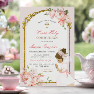 Invitation Fille priant l'or première sainte communion cheveu