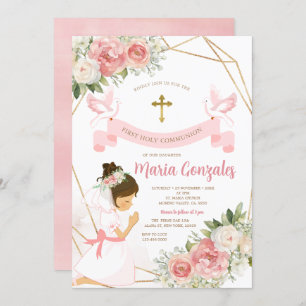 Invitation Fille priant l'or première sainte communion rose f
