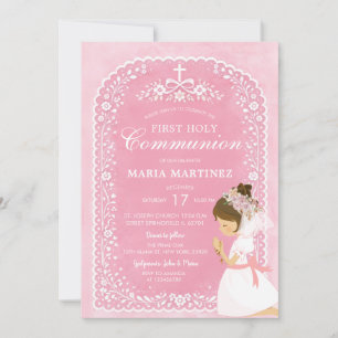 Invitation Fille priant Pink Papel Picado 1ère communion