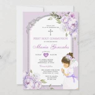 Invitation Fille priant pour la première communion florale vi